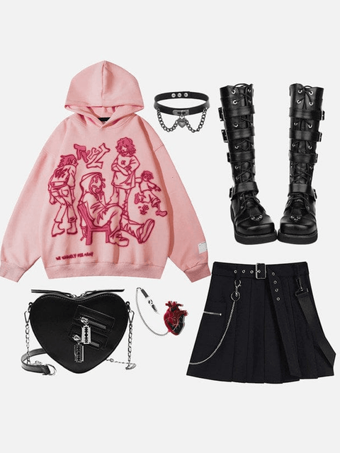 Cartoon Line Character Print Hoodie