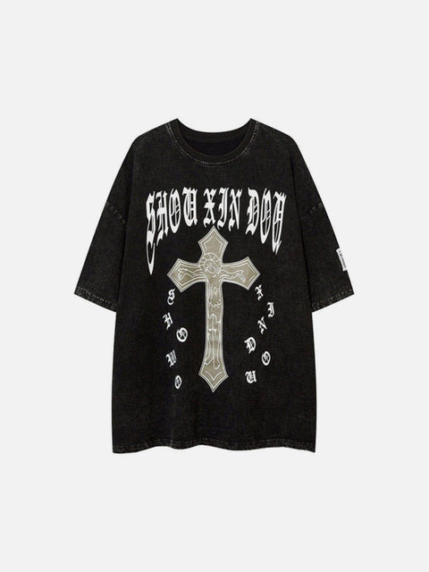 Cross Print Washed Graphic Tee - Anagoc