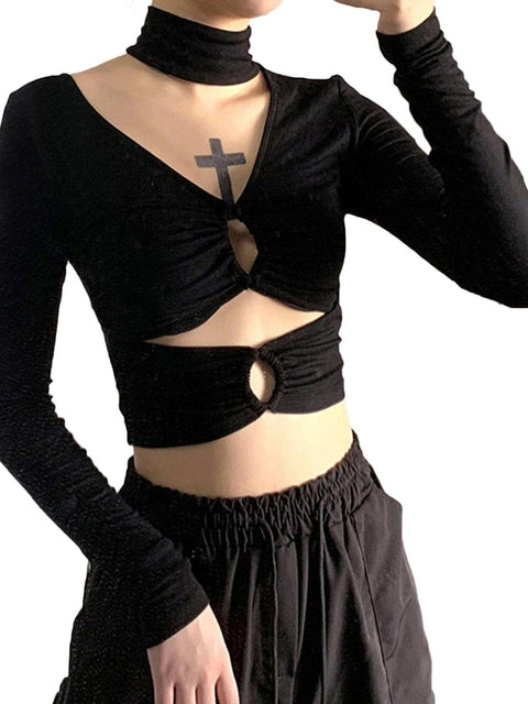 Hollow Sexy Halterneck Long Sleeve T Shirt - Anagoc