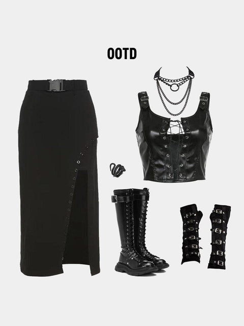 Buttons Buckle Belt Skirt - Anagoc