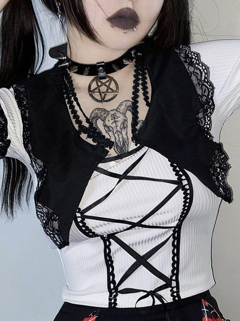 Lace Patchwork Straps Short Sleeve T Shirt - Anagoc