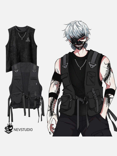 Function Dark Ninja Ribbons Pockets Cardigan Vest - Anagoc