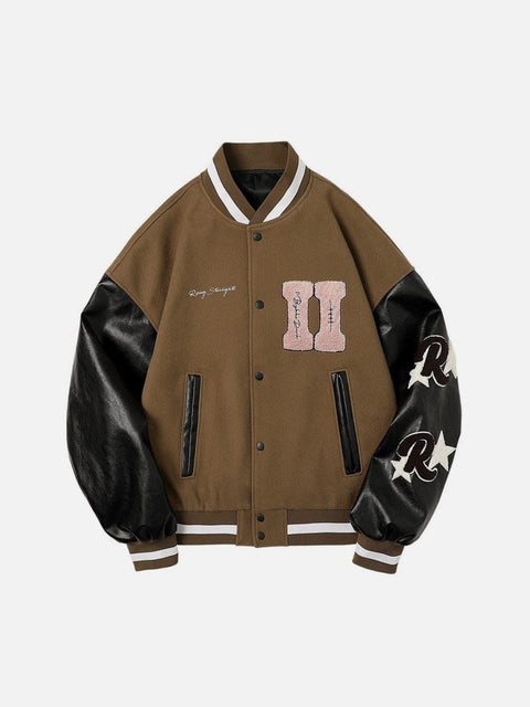 Stitching PU Sleeve Varsity Jacket - Anagoc
