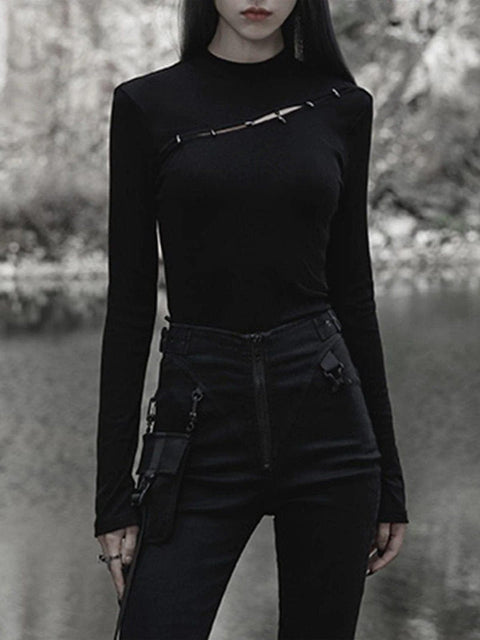 Half Turtleneck Button Long Sleeve T Shirt - Anagoc