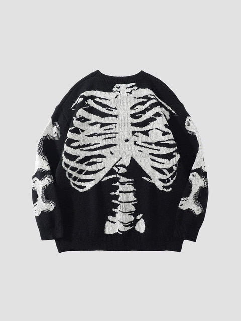 Dark Skeleton Print Knitted Sweater - Anagoc