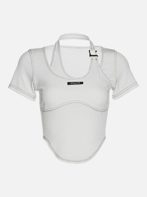 Patchwork Halter Label Short Sleeve T Shirt - Anagoc