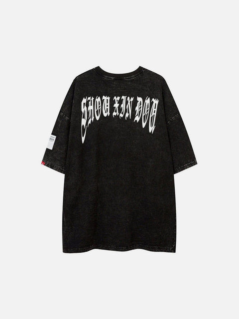 Cross Print Washed Graphic Tee - Anagoc