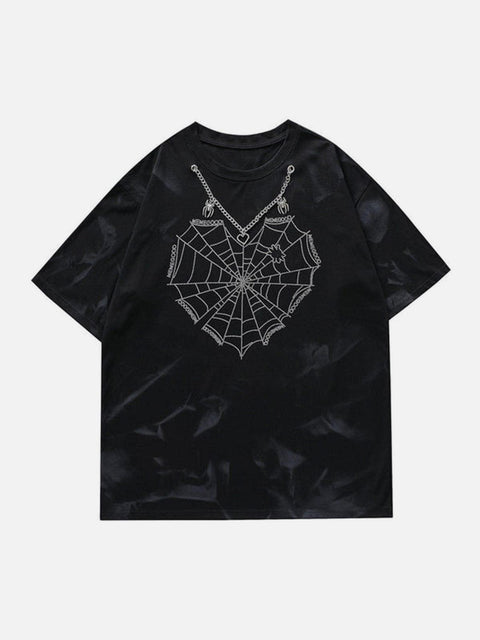 Tie Dye Spider Web Drill Chain Graphic Tee - Anagoc