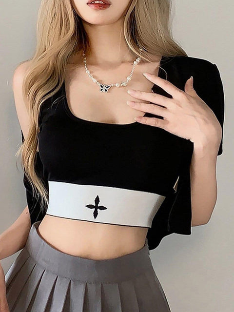 Patchwork Buckle Short Sleeve T Shirt - Anagoc