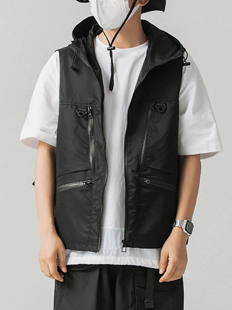 Multi Pockets Zip Up Hooded Tactical Vest - Anagoc