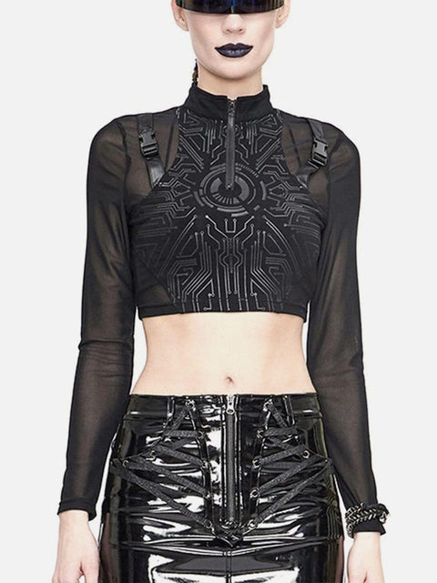 Mechanical Print Buckle Long Sleeve T Shirt - Anagoc