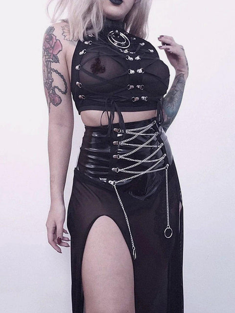 Dark Lace-up Mesh Sexy Vest - Anagoc