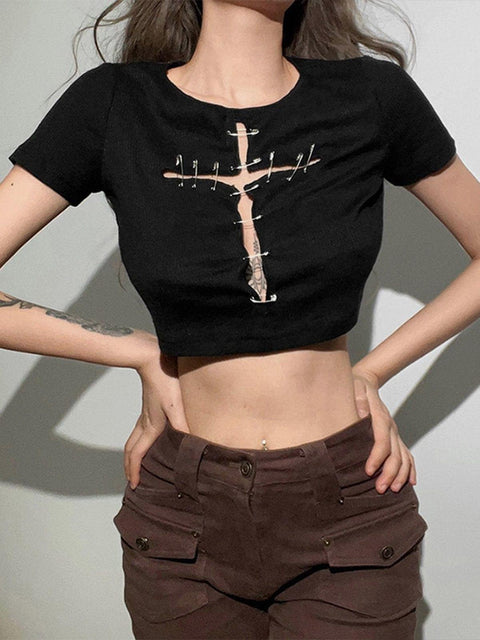 Cross Hollow Out Pins Short Sleeve T Shirt - Anagoc