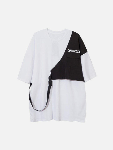 Contrasting Color Stitching Buckle Streamer Tee - Anagoc