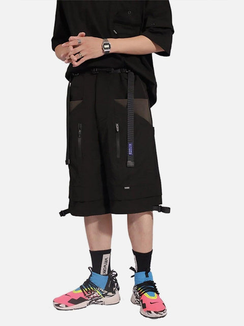 Patchwork Ribbon Zip Up Pocket Drawstring Function Shorts - Anagoc
