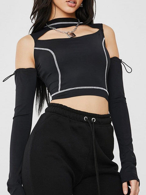 Sexy Cropped Navel Long Sleeve Shoulder T-Shirt - Anagoc
