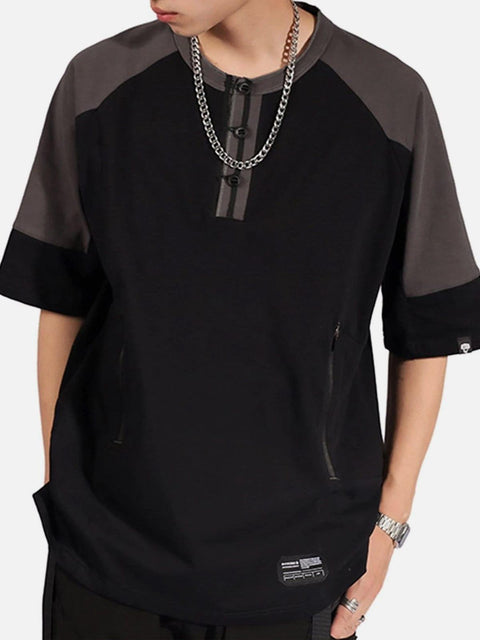 Patchwork Disc Buckle Zip Up Pocket Tee - Anagoc