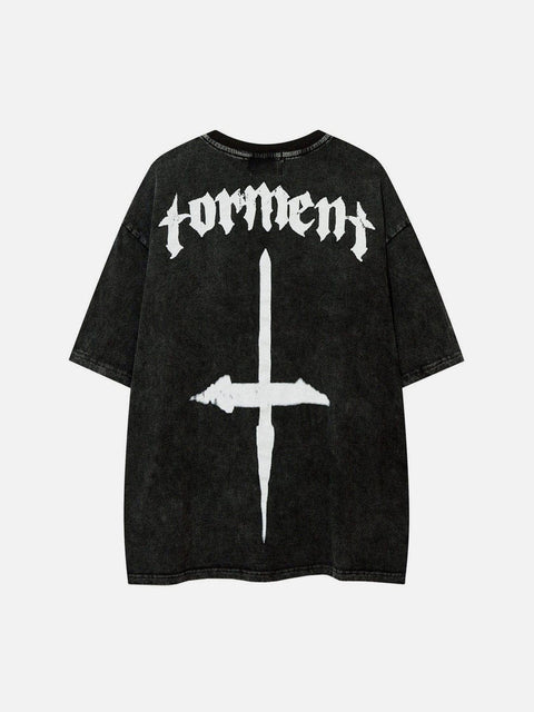 Washed Cross Letters Graphic Tee - Anagoc