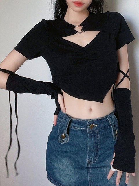 Heart Metal Buckle Hollow Shirt - Anagoc