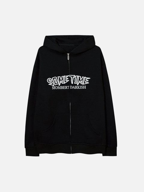 Circle Letters Print Fleece Zip Up Hoodie - Anagoc