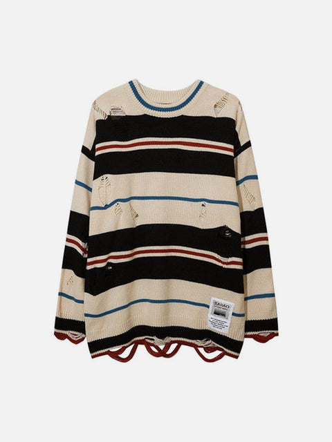 Ripped Hole Stripe Knit Sweater - Anagoc