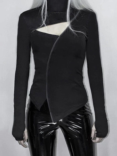 Irregular Zip Up Long Sleeve T Shirt - Anagoc