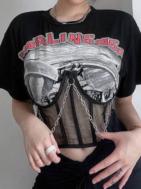 Dark Mesh Patchwork Chain Short Sleeve T Shirt - Anagoc