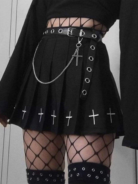Dark Cross Print High-waist Pleated Skirt - Anagoc