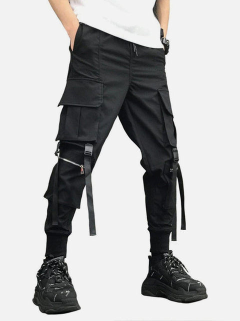 Zipper Pockets Ribbons Cargo Pants - Anagoc