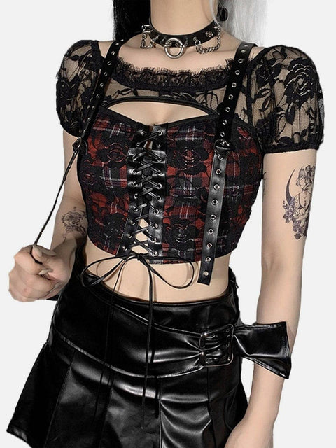 Lace Sheer Navel Tie Off Shoulder Mesh T Shirt - Anagoc