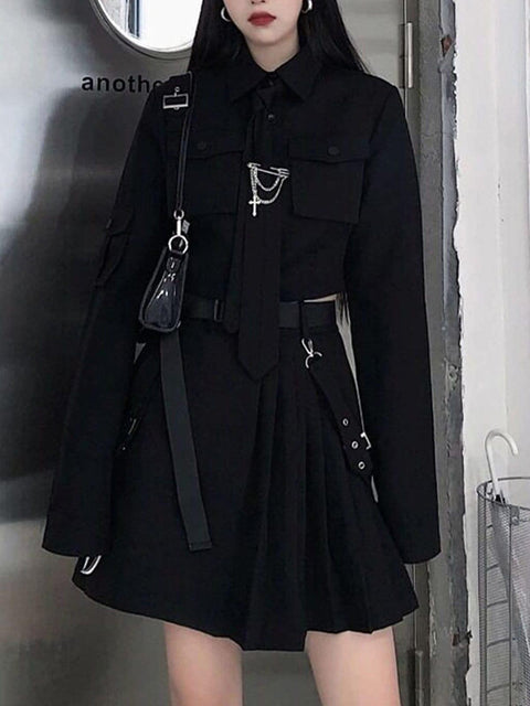 Dark Gothic Exposed Waist Skirt Suit - Anagoc