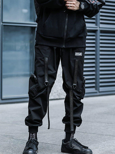 Combat Zipper Pockets Ribbons Cargo Pants - Anagoc