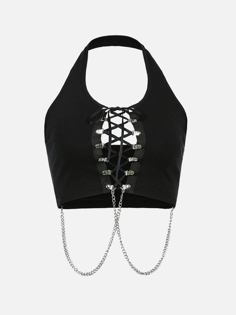Dark Cross Strap Hollow Chain Halter Sexy Vest - Anagoc