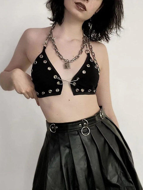 Metal Chain Lace Up Pin Vest - Anagoc