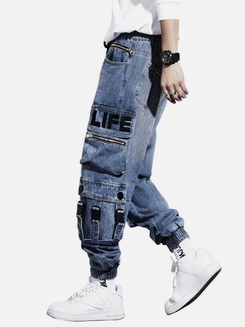 Embroidery Multi Pockets Cargo Jeans - Anagoc