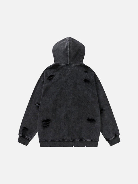 Ripped Hole Letters Embroidery Washed Hoodie - Anagoc