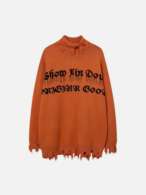 Ripped Tassel Turtleneck Knitted Sweater - Anagoc