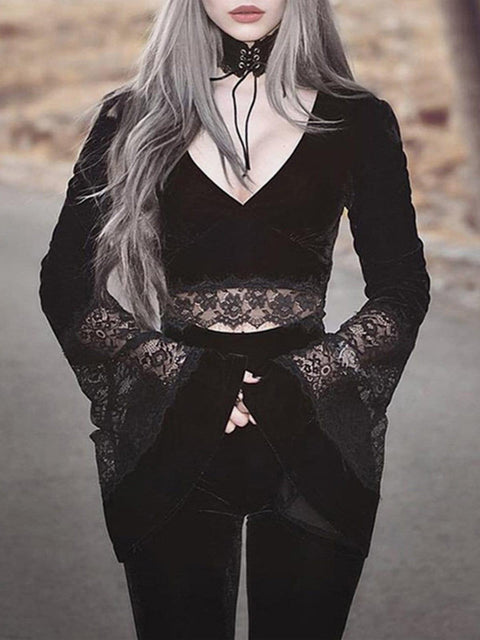 Lace Patchwork Trumpet Long Sleeve T Shirt - Anagoc