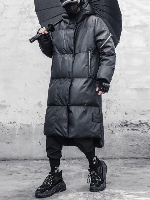 Function Dark Fake Zipper Long Winter Coat - Anagoc
