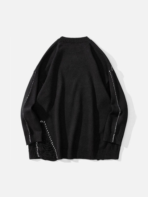 Bright Line Ripped Knitted Sweater - Anagoc
