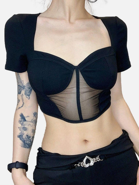 Sexy Mesh Patchwork Short Sleeve T Shirt - Anagoc