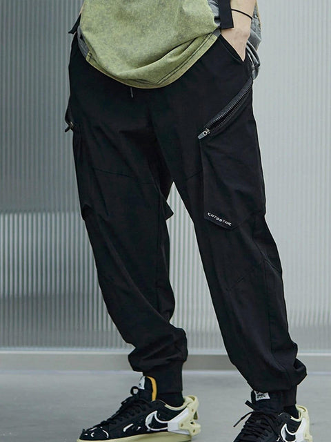 Zip Up Tilt Pockets Drawstring Cargo Pants - Anagoc