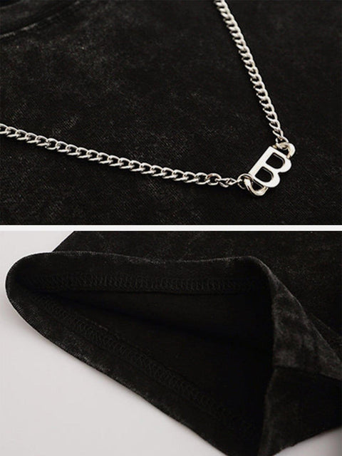 Letter "B" Necklace Washed Tee - Anagoc