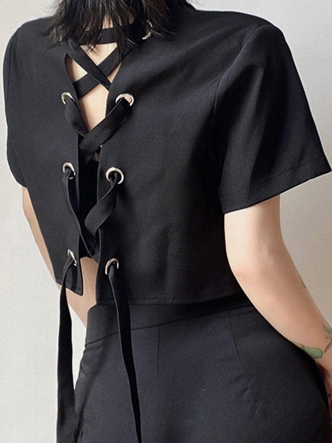 Back Cross Tie Hollow Crop Short Sleeve - Anagoc