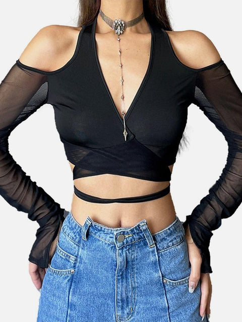 Hollow Mesh Cross Tie Long Sleeve T Shirt - Anagoc