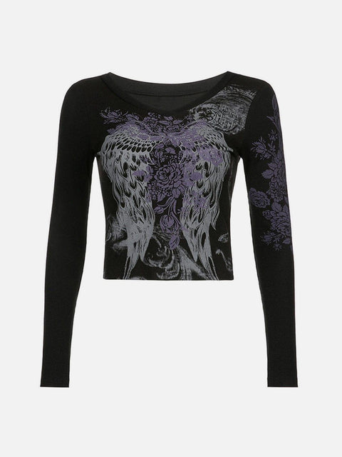 Rose Wings Graphic Long Sleeve T Shirt - Anagoc