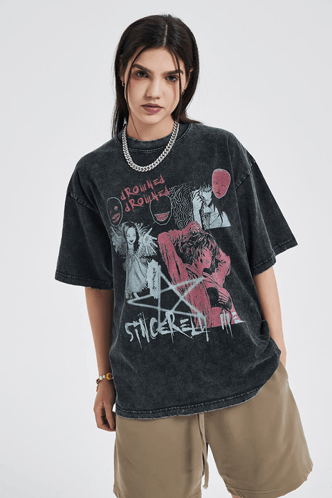 Washed Thriller Comic Graphics Tee - Anagoc