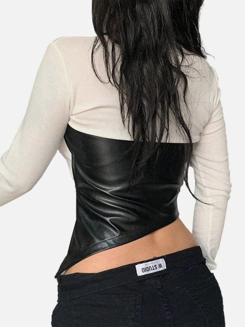 Irregular Navel Sleeveless PU Vest - Anagoc