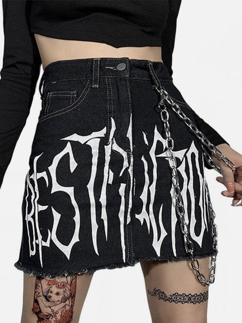 Dark Punk Print Chain Denim Skirt - Anagoc