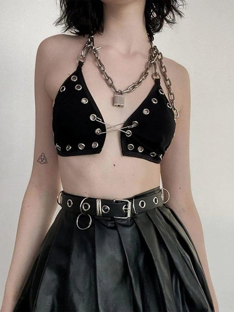 Metal Chain Lace Up Pin Vest - Anagoc